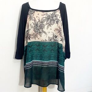 Halo Black and Green Floral Mixed Media Semi Sheer Front Knit Back Top 3X